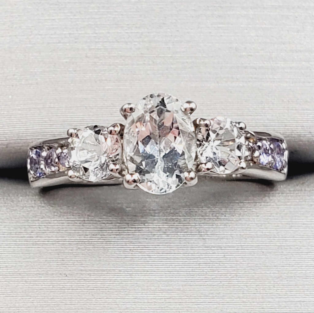Goshenite & Tanzanite Ring 925 Sterling Silver Ring Three Stone Ring